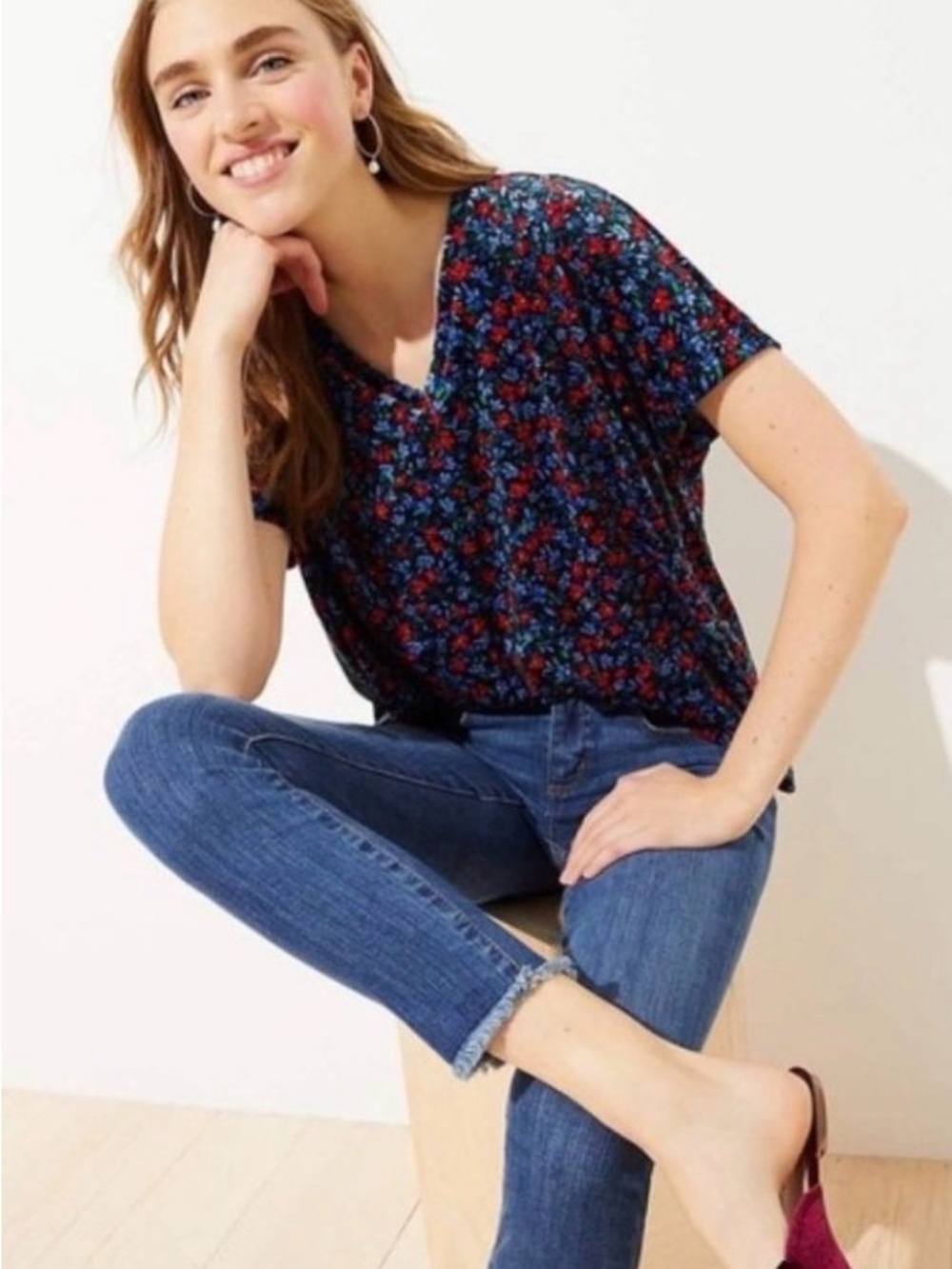 LOFT Navy Velvet Like Multicolor Floral V-Neck Short-Sleeve Blouse